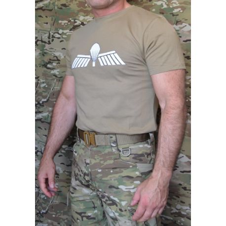 ParaWings T-shirt in MTS-Khaki, White large Dutch wing on chest/black Airborne on back