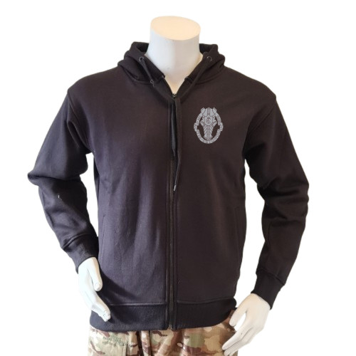 Hoodie u/zip, Sort, GARDEHUSARREGIMENTET trykt på ryggen